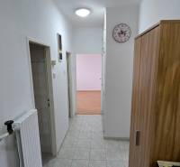 3-izbový byt so záhradou a garážou – Sadová ulica, Piešťany - Chodba v 3-izbovom byte s dlažbou, bielymi stenami a dreveným dekorom na nábytku.