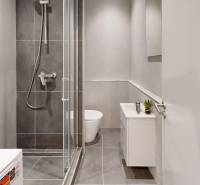  PRENÁJOM - Garsónka s balkónom Holíč, Lúčky 11 - Kúpeľňa v garsónke so sprchovým kútom, nábytkom a podlahou z dlaždíc.