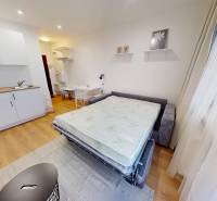  PRENÁJOM - Garsónka s balkónom Holíč, Lúčky 11 - Garsónka s rozkladacou pohovkou, kuchynskou linkou a podlahou s dreveným dekorom.