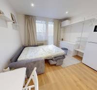  PRENÁJOM - Garsónka s balkónom Holíč, Lúčky 11 - Garsónka ponúka rozkladaciu pohovku, chladničku a biely nábytok na podlahe s dreveným dekorom.