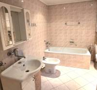 Na predaj rodinný dom Levice!. - Kúpeľňa s vaňou, umývadlom a zrkadlovou skrinkou v rodinnom dome.
