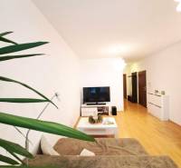 Miesto, kde sa budete cítiť doma–2-izbový byt na sídlisku West-Galana - Obývacia izba v 2-izbovom byte s podlahou s dreveným dekorom, TV a pohodlným gaučom.