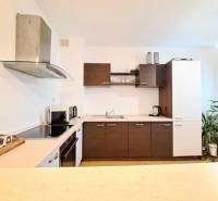 Miesto, kde sa budete cítiť doma–2-izbový byt na sídlisku West-Galana - Kuchyňa v 2-izbovom byte s drevenými skrinkami a spotrebičmi na pracovnej doske.