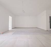 Priestranné novostavby 4-izbových rodinných domov v meste Šaľa - Priestranná miestnosť s podlahou s dreveným dekorom a bielymi stenami v rodinnom dome.