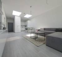 SKOLAUDOVANÉ! Novostavba 2-3 izbových bytov s pozemkom Richtárske pole - Obývacia izba s pohovkou, podlahou s dreveným dekorom a jedálenským stolom v 2-izbovom byte.