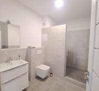 SKOLAUDOVANÉ! Posledné voľné obchodné priestory na predaj v novostavbe - Kúpeľňa s bielym umývadlom, závesným WC a sprchovým kútom s modernými dlaždicami.