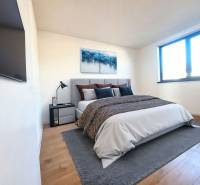 REZERVOVANÉ! Posledná novostavba 4-izbového dvojdomu v štandarde - Spálňa v rodinnom dome s posteľou, obrazom, TV a podlahou s dreveným dekorom.