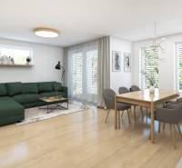 VEĽKORYSO RIEŠENÝ 4 izbový RD-128 m2 S TEP. ČERPADLOM, POZEMOK 405 m2 - Obývačka v rodinnom dome s podlahou s dreveným dekorom, zelenou sedačkou a jedálňou.