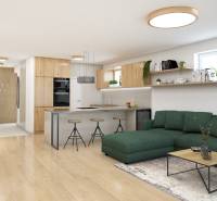 VEĽKORYSO RIEŠENÝ 4 izbový RD-128 m2 S TEP. ČERPADLOM, POZEMOK 405 m2 - Interiér rodinného domu s kuchyňou, zelenou pohovkou a podlahou s dreveným dekorom.