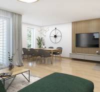 VEĽKORYSO RIEŠENÝ 4 izbový RD-128 m2 S TEP. ČERPADLOM, POZEMOK 405 m2 - Rodinný dom s pohodlnou obývačkou, jedálenským stolom a podlahou s dreveným dekorom.