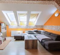 Kúpte si veľký PODKROVNÝ 4i BYT so ZÁHRADOU a PIVNICOU v Starom meste - Podkrovná obývačka s oranžovými stenami, šedou sedačkou a knižnicou v 4-izbovom byte.