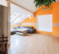 Kúpte si veľký PODKROVNÝ 4i BYT so ZÁHRADOU a PIVNICOU v Starom meste - Obývačka v 4-izbovom byte s oranžovou stenou, šikmým stropom a rohovou sedačkou.