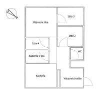 Kúpte si veľký PODKROVNÝ 4i BYT so ZÁHRADOU a PIVNICOU v Starom meste - Pôdorys 4-izbového bytu s obývacou izbou, kuchyňou a dvoma WC.