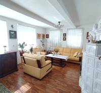 Predaj RD v Šali s bazénom - Obývačka rodinného domu s podlahou s dreveným dekorom, krbom a pohodlnou sedacou súpravou.