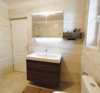 Predaj RD v Šali s bazénom - Kúpeľňa v rodinnom dome s bielymi stenami a umývadlom so zrkadlom.