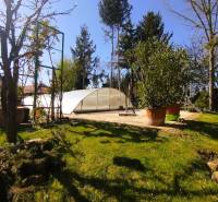 Predaj RD v Šali s bazénom - Bazén s prekrytím na záhrade rodinného domu v Šali, obklopený stromami a kríkmi.