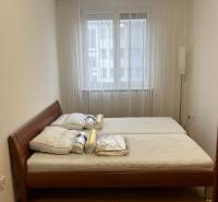 3i byt staršia novostavba, garáž, pivnica, Staré Mesto - Spálňa v 3-izbovom byte s posteľou a oknom, podlaha s dreveným dekorom.