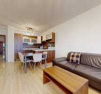 | Svetlý priestranný 2 izbový byt | parkovanie | REZERVOVANÝ - Obývacia izba v 2-izbovom byte s podlahou s dreveným dekorom a pohodlnou pohovkou.