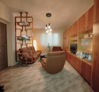 NA PREDAJ • 3i BYT S LOGGIOU • KALINČIAKOVA ULICA, SENICA - Obývacia izba v 3-izbovom byte s hnedou sedačkou a dreveným nábytkom.