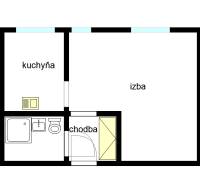 1 izbový byt na prenájom Vrútky, centrum - Pôdorys 1-izbového bytu s chodbou, izbou, kuchyňou a kúpeľňou.