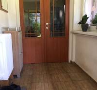 Dom s garážou na peknom rovinatom pozemku. - V rodinnom dome: predsieň s dverami, podlaha s dreveným dekorom, rastliny na parapete.