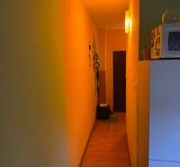 PREDAJ EXKLUZÍVNE: 1i byt s balk.; 41,02 m2; POPRAD; 124.200€ - Úzka chodba v 1-izbovom byte s podlahou s dreveným dekorom a jemným osvetlením.