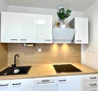 Súčasný 2-izbový byt v novostavbe – Matadorka  - Kuchynská linka s bielymi skrinkami, čiernym drezom a podlaha s dreveným dekorom.