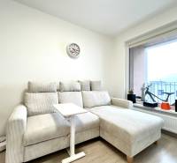 Súčasný 2-izbový byt v novostavbe – Matadorka  - Dvojgarsónka s pohodlnou sedačkou, hodinami na stene a podlahou s dreveným dekorom.