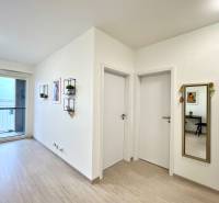Súčasný 2-izbový byt v novostavbe – Matadorka  - Dvojgarsónka s podlahou s dreveným dekorom, biela stena, balkónové dvere a zrkadlo.
