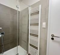 Súčasný 2-izbový byt v novostavbe – Matadorka  - Sprchový kút a rebríkový radiátor v kúpeľni dvojgarsónky.