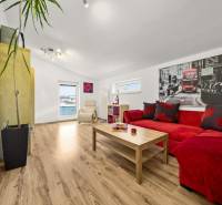 MODERNÝ 5-IZBOVÝ RODINNÝ DOM V ČUNOVE: 180m2 KOMFORTU A TICHA - Obývacia izba s podlahou s dreveným dekorom, červenou sedačkou a veľkou rastlinou.