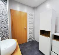 Prenájom, 2-izbový byt, M.R.Štefánika, Exkluzívne Reality IQ  - Kúpeľňa s umývadlom, bielymi skrinkami a mozaikovým obkladom v 2-izbovom byte.