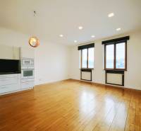 Prenájom, 2-izbový byt, M.R.Štefánika, Exkluzívne Reality IQ  - Obývací priestor v 2-izbovom byte s kuchynskou linkou a podlahou s dreveným dekorom.