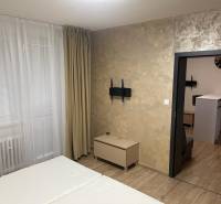 REZERVOVANÉ! Nadštandardný 1-izbový byt, ul. 1. mája, Vráble - Interiér 1-izbového bytu s podlahou s dreveným dekorom, postele a závesy na okne.