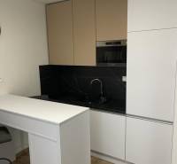 REZERVOVANÉ! Nadštandardný 1-izbový byt, ul. 1. mája, Vráble - Kuchynská linka v 1-izbovom byte s čiernym obkladom a podlahou s dreveným dekorom.