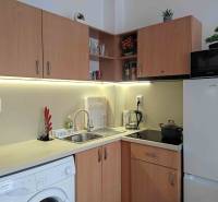 Predaj, štúdio 27 m2, rezort Sunny day, Slnečné pobrežie, Bulharsko - Kuchyňa v Rekreačnom apartmáne s dreveným dekorom, spotrebičmi a umývadlom.