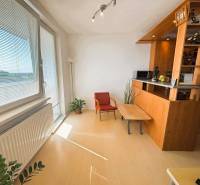 Slnečný dvojizbový byt – 43,5 m² v Bratislave – Vajnory - Interiér 2-izbového bytu s podlahou s dreveným dekorom, dreveným pultom a svetlom z okna.