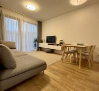 Prenájom 2-izbového bytu CUBICON  - Obývacia izba v 2-izbovom byte s podlahou s dreveným dekorom, sedačkou a jedálenským stolom.