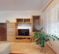 Svetlý 2i byt + 200 m² záhrada | Biely Kostol - Interiér 2-izbového bytu s televízorom, dreveným nábytkom a podlahou s dreveným dekorom.