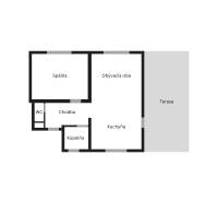 Svetlý 2i byt + 200 m² záhrada | Biely Kostol - Pôdorys 2-izbového bytu s chodbou, kuchyňou, kúpeľňou, WC a terasou.