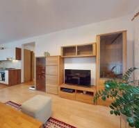 Svetlý 2i byt + 200 m² záhrada | Biely Kostol - Obývacia izba s kuchyňou v 2-izbovom byte, podlaha s dreveným dekorom, rastlina, nábytok.