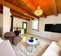 Bývanie ako v raji pri lagúne | Šamorín - Obývacia izba v vile so stropom z dreva, podlaha s dreveným dekorom, krb a televízia.