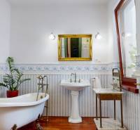 Bývanie ako v raji pri lagúne | Šamorín - Kúpeľňa vo vile s vaňou, umývadlom, rastlinou a podlahou s dreveným dekorom.