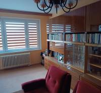 Na predaj veľkometrážny 3 izbový byt Žarnovica - Obývacia izba v 3-izbovom byte so skriňou a čítacím kútikom, podlaha s dreveným dekorom.