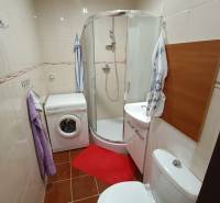 Na predaj veľkometrážny 3 izbový byt Žarnovica - Kúpeľňa v 3-izbovom byte, sprchový kút, práčka, toaleta a červené koberčeky.