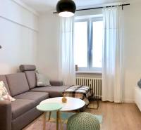 Na prenájom 2 izbový byt, 56 m2, Bratislava, Staré Mesto, Björnsonova - Obývacia izba v 2-izbovom byte so sivým gaučom a podlahou s dreveným dekorom.