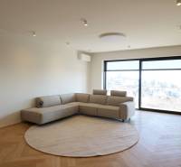 Prenájom 4 izbového bytu s krásnym výhľadom na mesto - Obývačka v 4-izbovom byte s pohovkou, oknom a podlahou s dreveným dekorom.