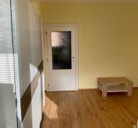 I prenájom štýlových izieb v 3-izbovom byte – Karlova Ves - Izba s podlahou s dreveným dekorom, svetlými stenami a jednoduchým nábytkom v 3-izbovom byte.