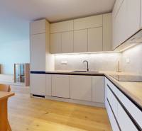 | Prémiové bývanie v ZWIRNe I Pekný zariadený 2i byt I - Otvorená kuchyňa s podlahou s dreveným dekorom v 2-izbovom byte.