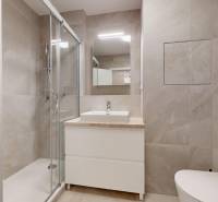 | Prémiové bývanie v ZWIRNe I Pekný zariadený 2i byt I - Kúpeľňa 2-izbového bytu s veľkým zrkadlom, sprchou a umývadlom.